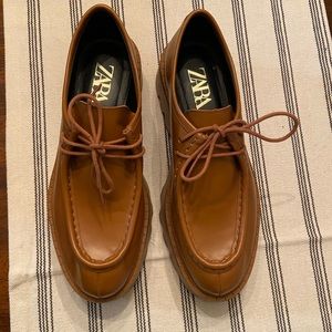 Zara Tan Leather Lug Sole Chunky Platform Lace Up Oxford Loafers EU 40 Size 9